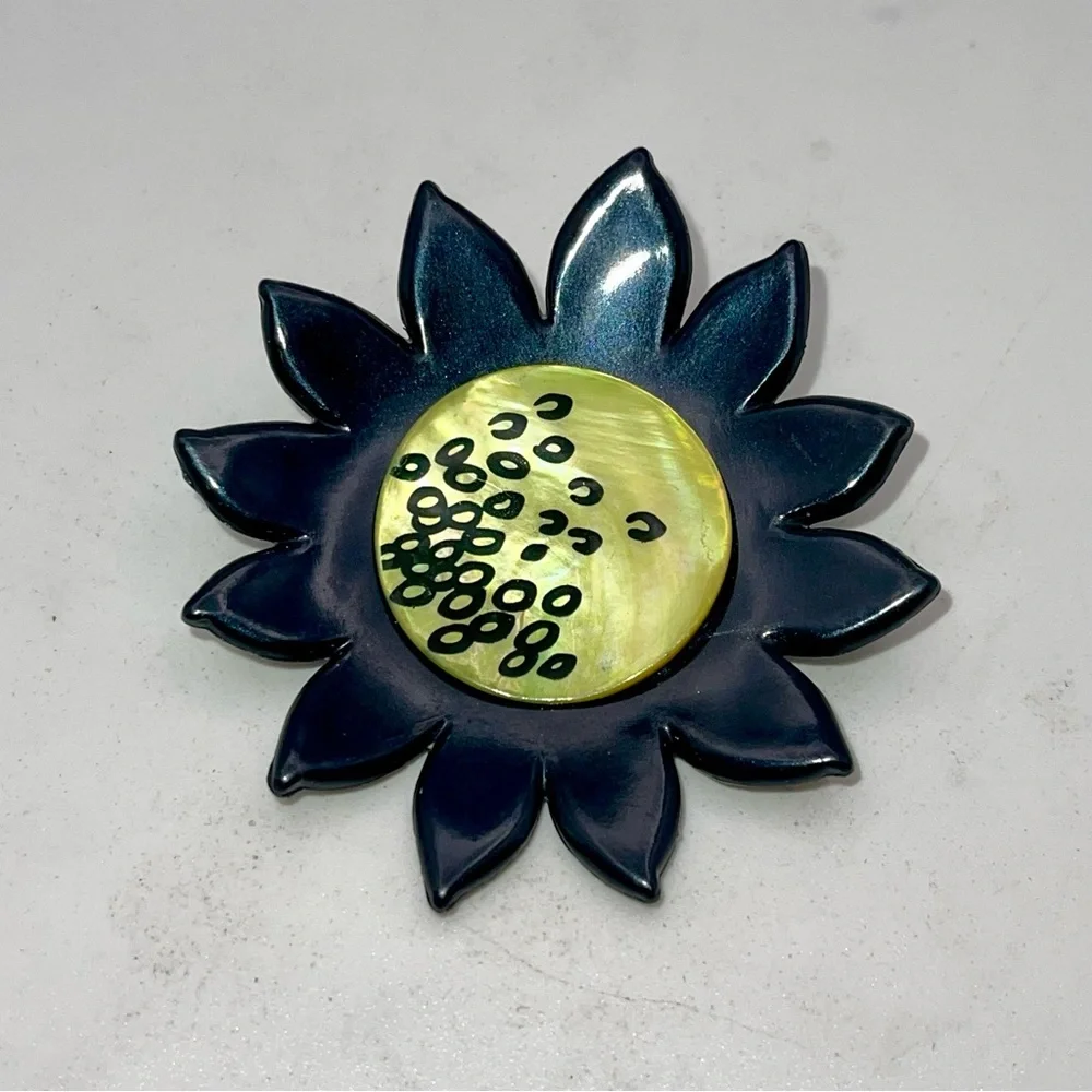Vintage Artisan Resin Sunflower Brooch Black and Abalone Lime Green Handpainted